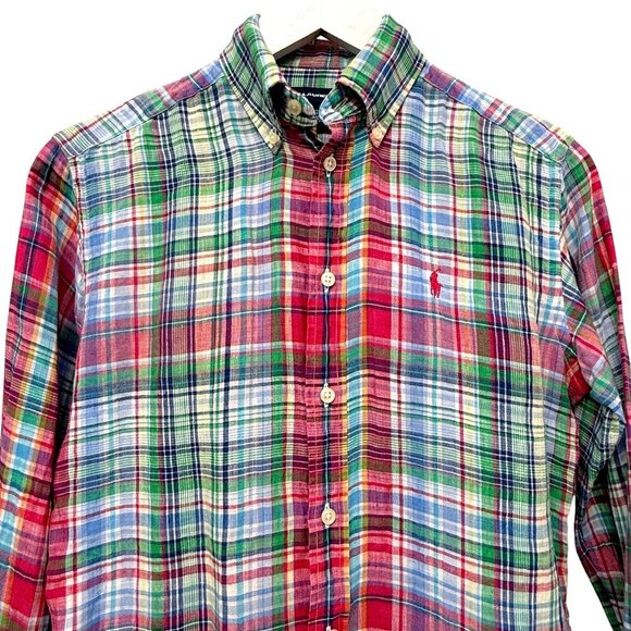 RALPH LAUREN Sport Linen Shirt Size 4 Womens Pink Green Plaid Long Sleeve Button - Picture 6 of 10